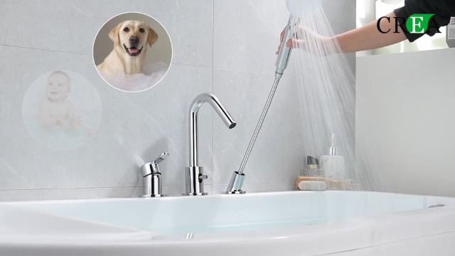 CREA Grifo de bañera Roman Tub en negro, juego de 3 agujeros con ducha de mano y desviador, montaje en cubierta para baño miniatura 7