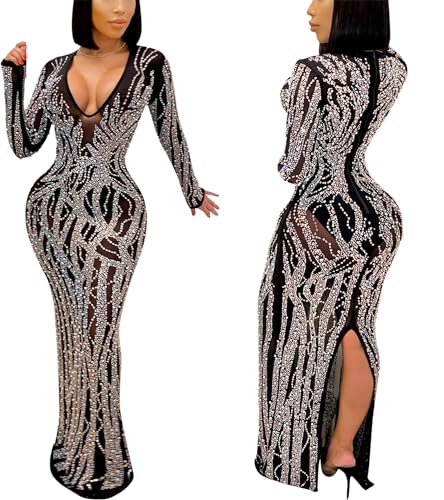 Image of PORRCEY Sexy Elegant Rhinestone Dress for Women Mesh See Through Bodycon Birthday Cocktail Party Club Night Evening Gowns