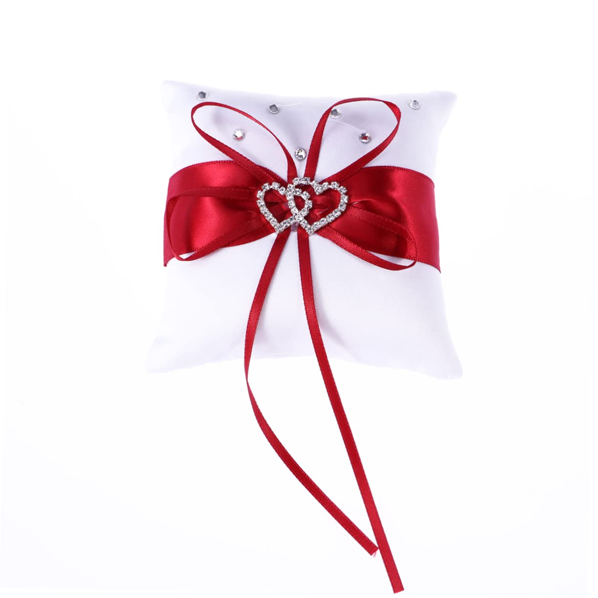 Cabilock Wedding Ring Pillow with Double Heart Design Ring Bearer Pillow for Ceremony Red Satin Wedding Pillow