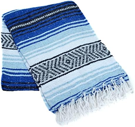 La Montana Mexican Blankets and Throws, 10 Pack, 74" x 50" Thick Yoga Blankets for Meditation, Soft Outdoor Blanket for Camping, Beach, or Picnic, Machine-Washable, Cobalt Blue/Light Blue/White