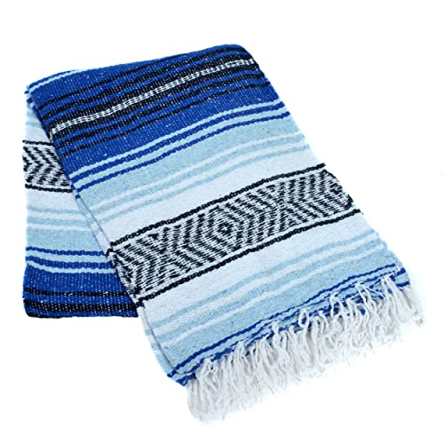 La Montana Mexican Blankets And Throws, 10 Pack, 74" X 50" Thick Yoga Blankets For Meditation, Soft Outdoor Blanket For Camping, Beach, Or Picnic, Machine-Washable, Cobalt Blue/Light Blue/White #TOP2