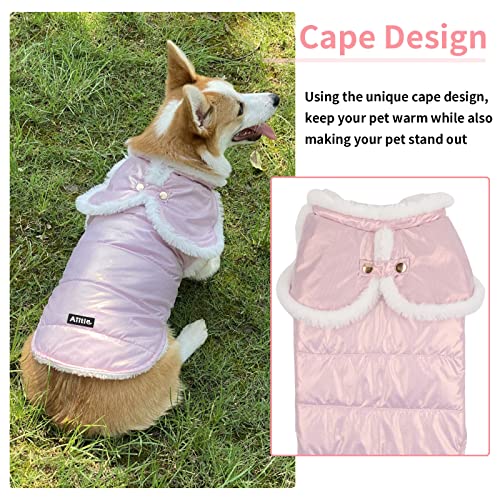 Aiitle Cloak Design Dog Winter Coat - Waterproof Windproof Pearlescent Fabric Dog Jacket - Leash Hole Design Dog Winter Coat With Harness - Cold Weather Dog Apparel For Small Medium Large Dogs Pink S #TOP4