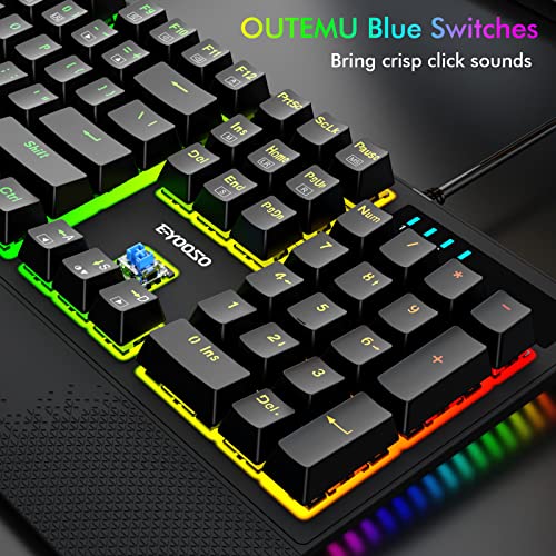 E-Yooso Mechanical Keyboard, K-662 Wired Mechanical Gaming Keyboard With Blue Switches, 104 Keys Full Size, Wrist Rest, Rainbow Backlit, Rgb Sidelight, Ergonomic Black Clicky Keyboard For Windows, Pc #TOP4