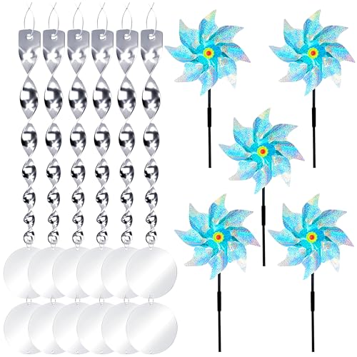 Set di repellenti per uccelli e piccioni, 5 girandole a vento + 6 riflettori riflettenti a spirale a vento + 12 riflettori rotondi riflettenti, per balconi e uccelli, per giardino (combinazione
