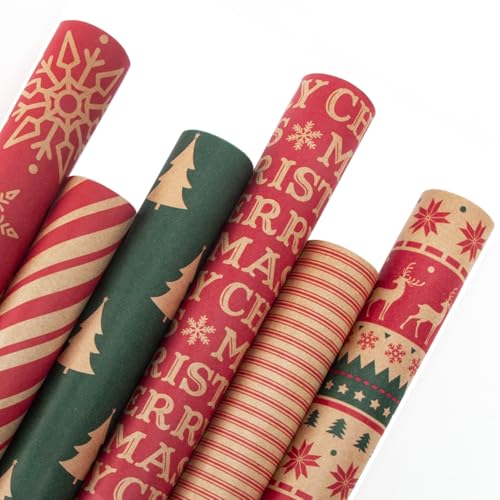 Ribbli Christmas Wrapping Paper - Kraft Paper with Snowflake/Tree/Red Stripe/Merry Christmas Pattern, 6 Rolls Red and Green Holiday Assortment - 17 inch x 120 inch(10feet) Per Roll