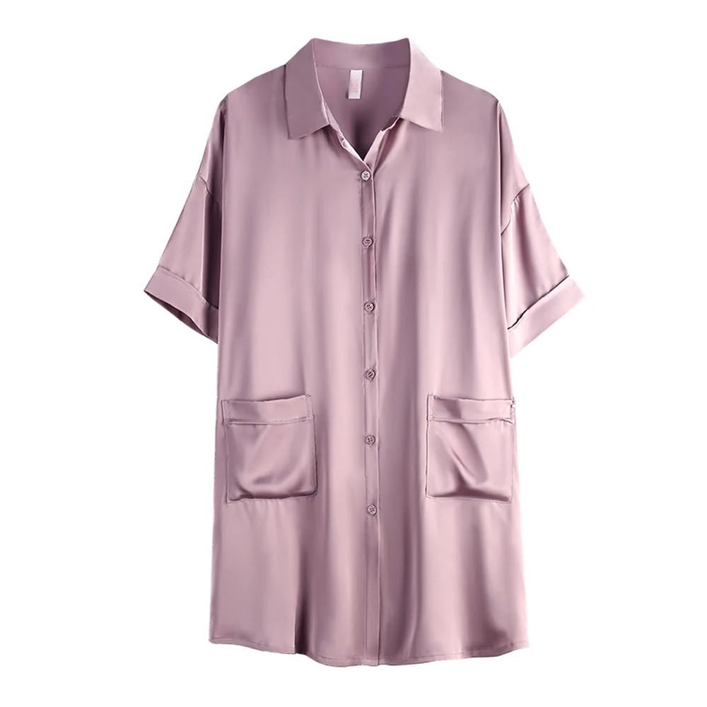 Camisón para Mujer - Camisones De Satén De Seda para Mujer, Camisones De Manga Corta con Solapa Y Cuello En V, Cárdigan con Botones, Ropa para El Hogar