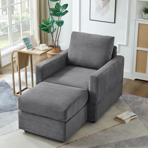 KEIKI 55" D Chaise Lounge Chair Indoor with Ottoman, Comfy Accent Chair and Ottoman Set, Upholstered Corduroy Lounge Sleeper Sofa Chair with Thick Cushion, Pillow and Armrests for Living Room, Gray