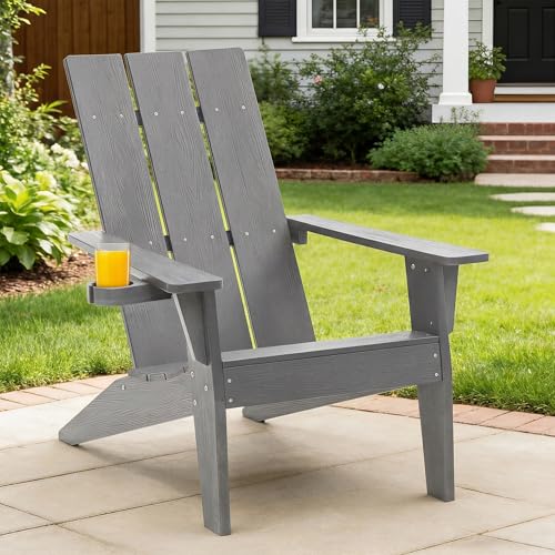 Adirondack Stuhl für Outdoor Garten: Übergröße Adirondack Chair Kunststoff HIPS Allwetter mit Getränkehalter - Modern Adirondack Gartensessel Wetterfest für Balkon/Terrasse/Beach/Feuerstelle (Grau)
