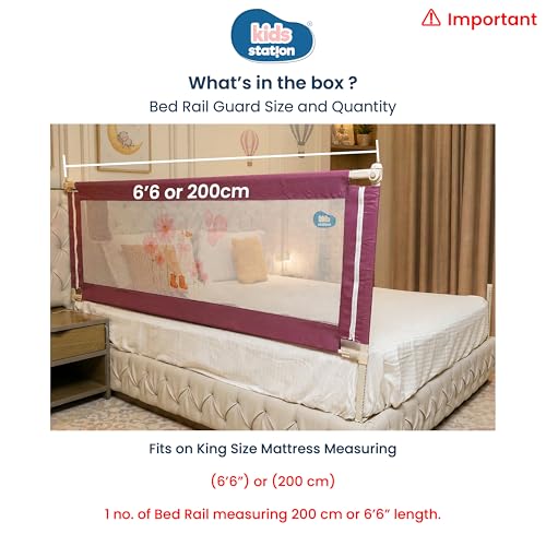 Image of Kids Station 1 Side Premium Bed Rail Guard (6.6ft x 2.6ft / 200cm x 80cm), Bed Railing for Baby Safety, Kids Toddler Bed Protector Side Walls, Adjustable Height, Portable & Foldable (Maroon)