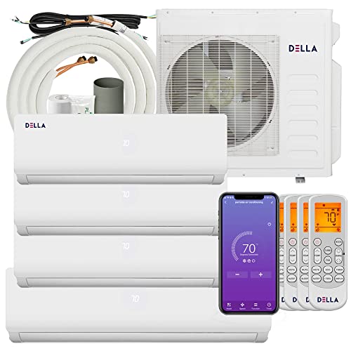 Della 36K BTU (9K 9K 9K 18K) ODU Quad 4 Zone Mini Split 19 SEER2 208-230V Cools Up to 2200 Sq.Ft, Works with Alexa, Wifi Energy Efficient Multi Zone Air Conditioner Pre-Charged Heat Pump Full Set
