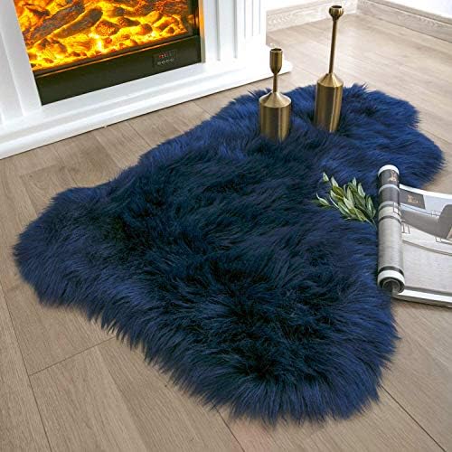 Ashler faux fur rug, Fluffy Shaggy Area Rug Ultra Soft 2 x 3 Feet Sheepskin Fur Rug, Navy Blue Fuzzy Rug Machine Washable Shag Rug, Nursery Decor Throw Rugs for Bedroom, kids room, Living Room