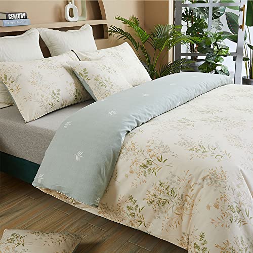 Fadfay Cotton Duvet Cover Set, King Size Cream & Sage Green Floral Leaves Bedding Reversible Branches Printed Premium 600 Tc Soft Zipper Comforter Cover Botanical Flower Sets 3 Pcs, King/Cal King #TOP2