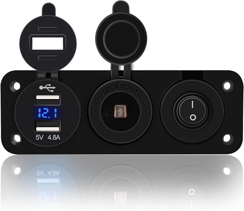 Painel de interruptores marítimo FXC 4 em 1 com USB duplo, voltímetro LED, tomada 12 V e chave liga/desliga – 1 conjunto