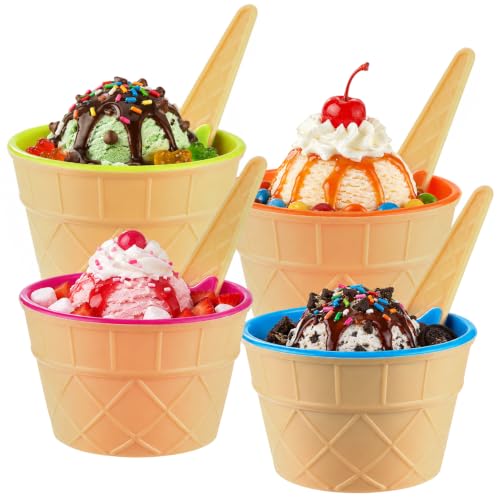 4 Pack Ice Cream Bowls and Spoons Set Plastic Cups