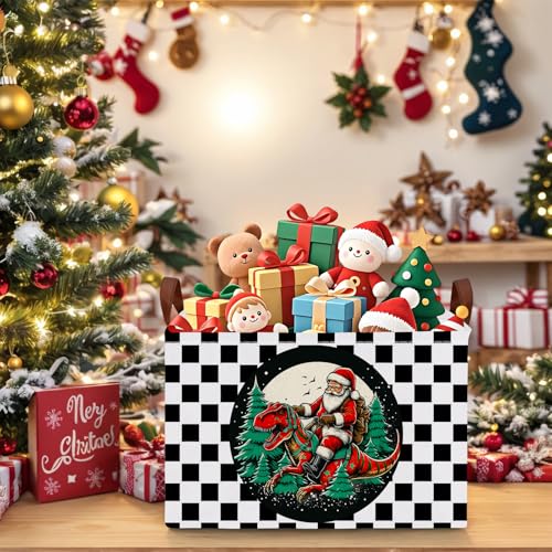 Image of Empty Large Christmas Basket for Gifts Women Collapsible Storage Bin Kids Toy Box Holiday Decor (Checkered Dinosaur)
