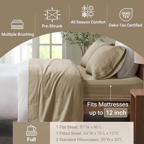 Image of True North by Sleep Philosophy Cozy Flannel Warm 100% Cotton Sheet - Novelty Print Animals Stars Cute Ultra Soft Cold Weather Bedding Set, Full, Tan Solid 4 Piece