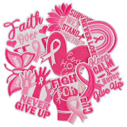 EMORBALS 8 Pcs Breast Cancer Awareness Iron on Patches Pink Ribbon Embroidered Iron on/Sew on Patches for Trucker Hats Clothes Jeans Backpack T-Shirt