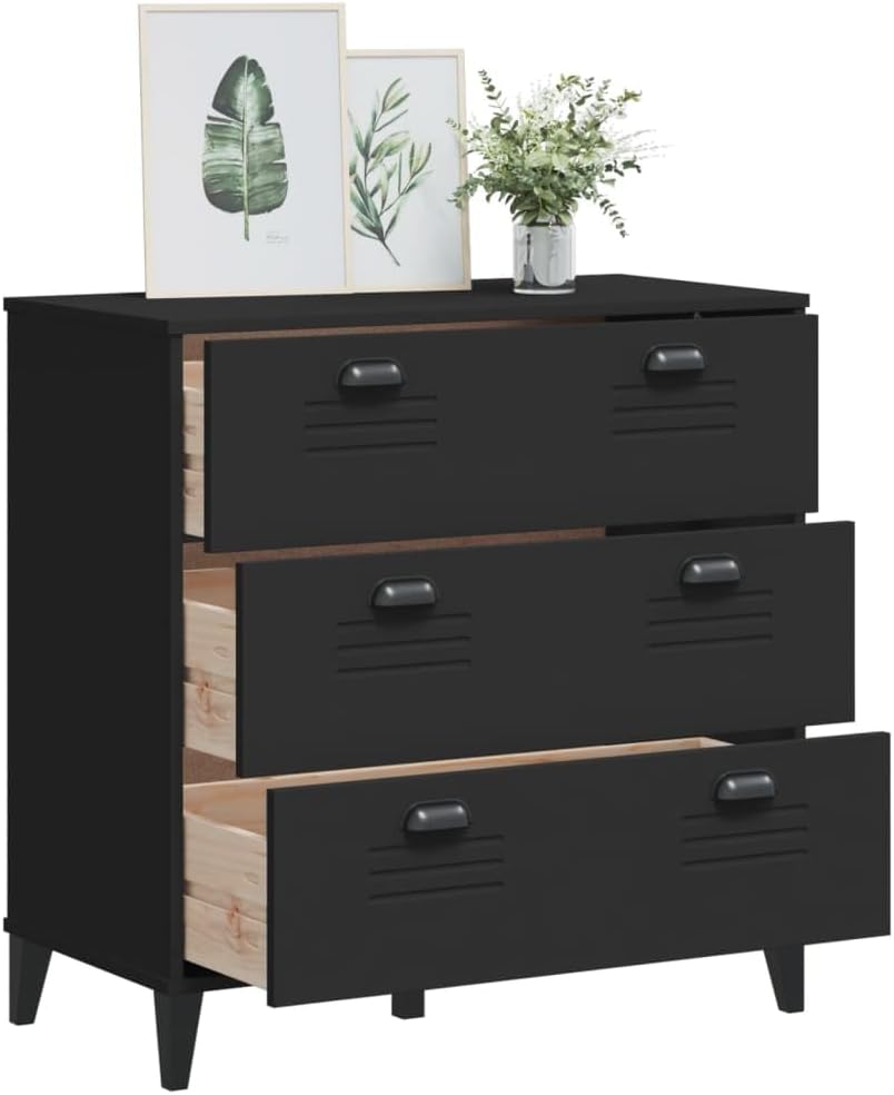 Industrial Black Drawer Cabinet with Three Smooth Drawers Engineered Wood Storage Furniture for Office Bedroom Living Room