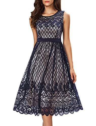 Noctflos Women's Lace Cocktail Wedding Party A Line Midi Swing Tea Dress, Blue, Small