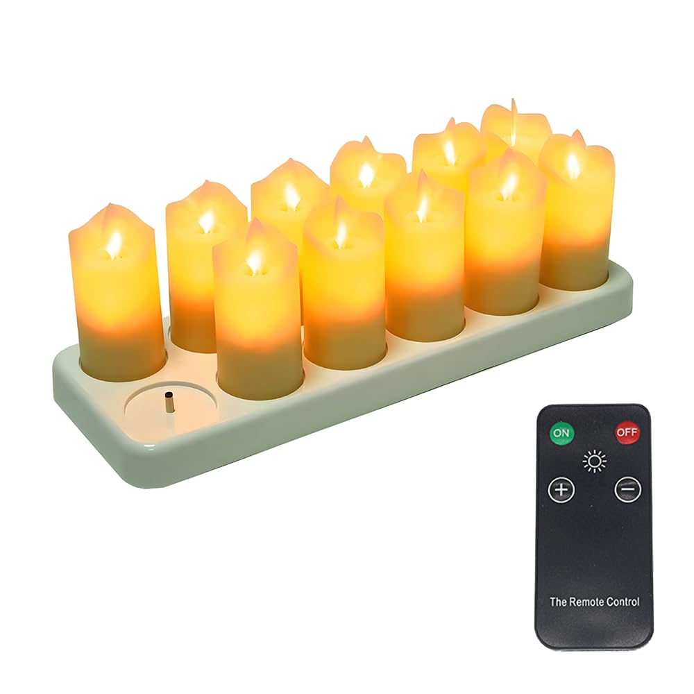 Candele tremolanti Senza Fiamma Confezione da 12 Candele LED realistiche Ricaricabili con Telecomando a 4 Tasti Candele elettriche in plastica in Giallo Caldo per Decorazioni