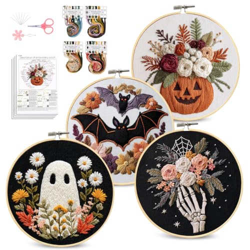 Image of Santune Halloween Embroidery kit,Fall Needlepoint Cross Stitch Kits for Beginners Adult,Needle Point Sets,4 Embroidery,2 Hoops,Halloween Ornaments