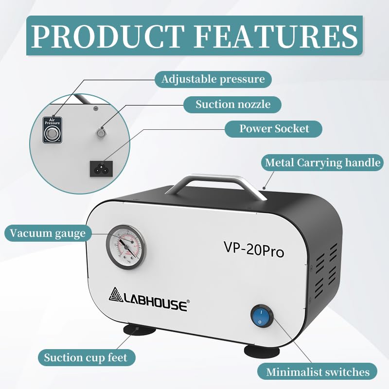 Lab Vacuum Filtration Pump VP-20PRO Negative Pressure Adjustable Diaphragm Oil Free 20L/min W/Rubber Tube for Laboratory