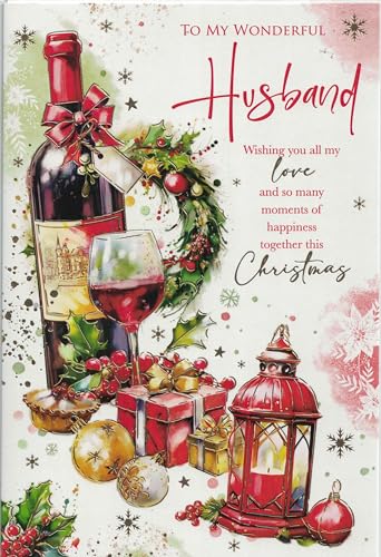 Husband Christmas Card Large 24 x 16 cm To My Wonderful Husband Luxury Festive Wine Wreath & Lantern Design Traditional Romantic Xmas Greeting