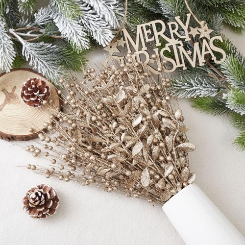 CristBest 24-Pack Christmas Tree Picks Ornaments, Artificial Glitter Berry Stem Glittery Twigs Ornaments for Christmas Tree Decorations, Small Vase, Holiday, Wedding, Party Decorations (Champagne) - image 3