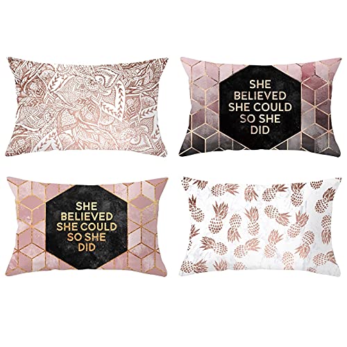 Lieson Coussin de Canapé 30x50, Housse de Coussin Decoratif Rose Coussin Décoration Ananas Quadrillé Quadrilatère 3D She Believed She Could So She DID,...