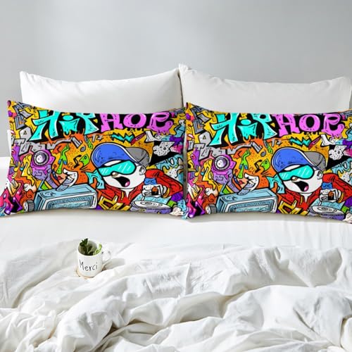 Boys Hip Hop Bedding Set for Kids Boys Teens Youth Hippie Duvet Cover 2 Pieces 135 x 200cm & 2Pillowcase Watercolor Graffiti Soft Microfiber Graffiti Wall Art Design Comforter Cover with Zipper - Image 4