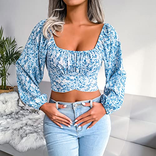 Blusa cropped feminina de verão com estampa floral e manga comprida, túnica de manga curta, design c