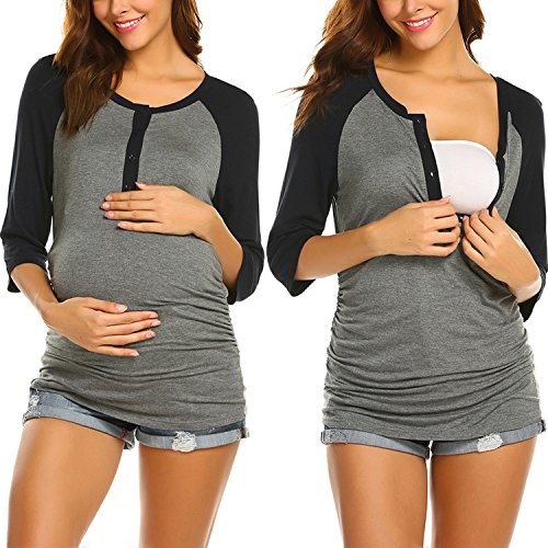 Ekouaer Women's 3/4Sleeve Plus Maternity Nursing Tops Button Up Breastfeeding T-Shirt (Black Xxl) #TOP16