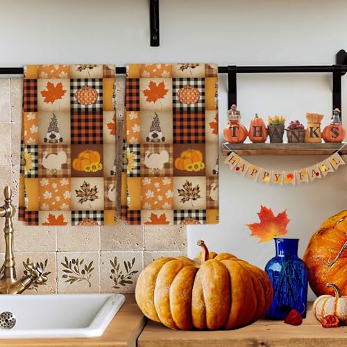 Image of Fall Kitchen Towels Gnome Turkey Pumpkin Thanksgiving Hand Towels Buffalo Check Plaid Dish Towel Cleaning Cloth Soft Absorbent Quick Drying Dish Cloths for Kitchen, Bathroom Autumn Decoration