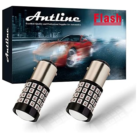 ANTLINE Newest 1157 LED Bulb Flash Strobe Red (2 Pack), 9-30V Super Bright 1600 Lumens 2057 2357 7528 BAY15D 52-SMD LED with Projector for Replacement, Flashing Strobe Brake Tail Stop Light Bulbs Cover