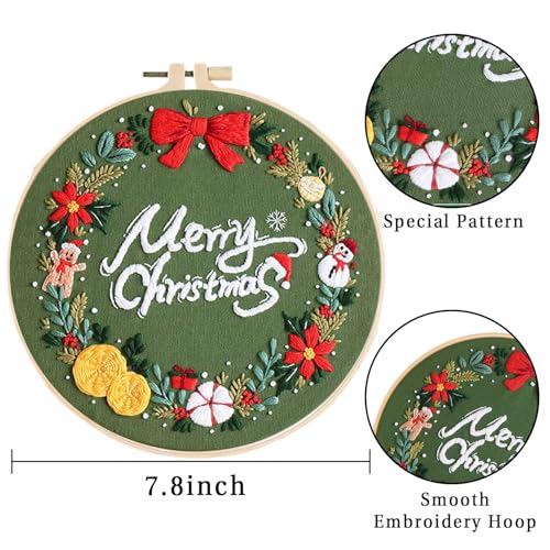 Image of LB Christmas Embroidery Kit for Beginners Adults, 3 Sets Hand Embroidery Starter Kit with Wreath Pattern and Instructions Stamped Cross Stitch Kits Include Embroidery Hoop Needles Threads Scissors