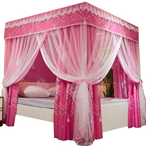 Dosel de princesa rosa con cortinas de red y postes para cama de tamaño individual
