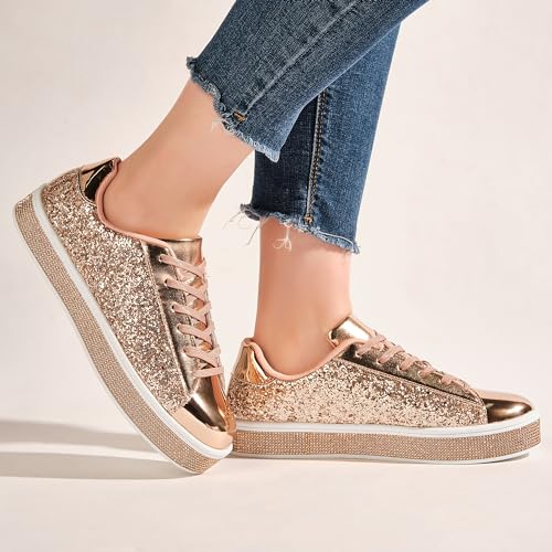 Image of UUBARIS Women's Glitter Tennis Sneakers Neon Dressy Sparkly Sneakers Rhinestone Bling Wedding Bridal Shoes Shiny Sequin Shoes