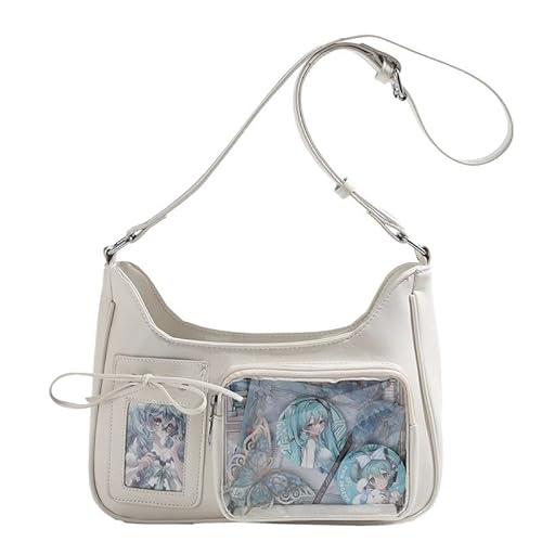 2025 New Y2k Fashion Tote Bag Kawaii Lolita Ita Bag Badge Display Bag with Two Transparent Display Windows (White)