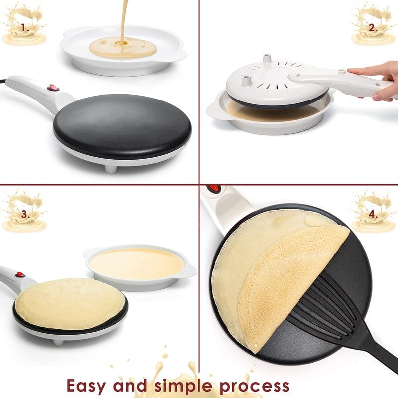 Image of Moss & Stone White Electric Crepe Maker, 8 inch Portable Nonstick Crepe Pan | Nonstick dipping plate, auto shut-off, on /off switch, even heating, automatic temperature control, compact design