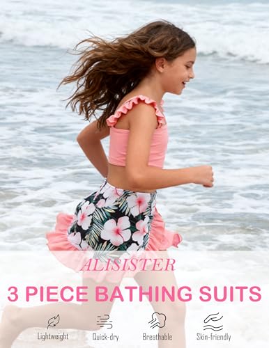 Image of ALISISTER Girls Swimsuit 3 Piece Bathing Suits Summer Bikini Tankini Sets with Cover Up Skirt for 4-12 Years
