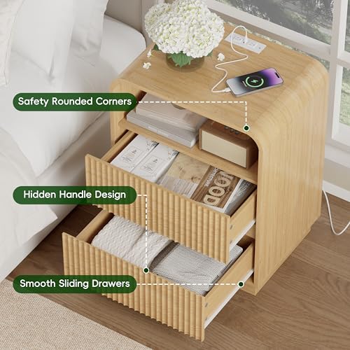 Image of Wodeer Natural Oak Nightstand with Charging Station, Mid Century Modern Bedside Table & End Table, Fluted Wood Small Night Stand with 2 Hidden Drawers and Storage Shelf for Bedroom