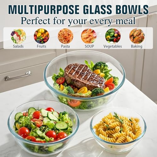 Glass Mixing Bowls with Lids Set(4.5QT, 2.7QT, 1.1QT),Glass Bowls with Lids Large Mixing Bowl Salad Bowls Space-Saving Nesting bowls Serving bowls Storage Container for Cooking,Baking,Prepping - Thumbnail 3