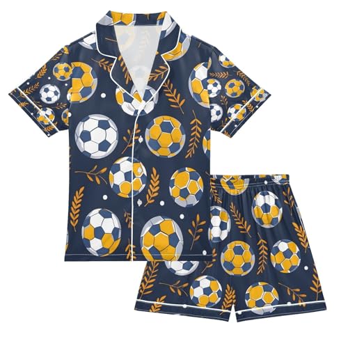 senya Yellow Football and Grass Satin Summer Pajama Sets Silk Short Sleeve Button Down Sleepwear