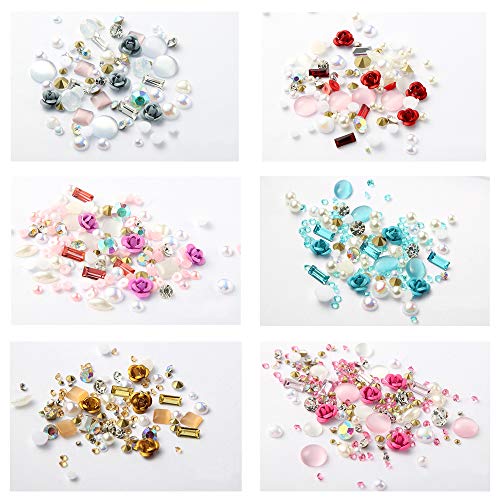 Bonnie-Sam 6 Boxes 3D Rose Nail Charms Jewelry Rhinestone Flower Mixed Shape Nail Art Pearl Diamond Decor