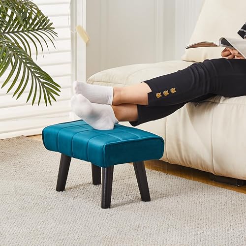 Image of Wood Modern Legs, Velvet Ottoman, Puffy Seating, Footrest, and Stool Two Contemporary stepstools for The Living Area, Bedroom, and Sofa (Set of 2 Aqua)