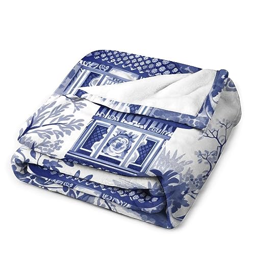 Popeven 84ZWVJTLKGFK 60X80In Flannel Fleece Throw Blanket For Couch Office Bed Chinoiserie Blue And White Asian Pagoda And Floral Lightweight Plush Fuzzy Cozy Soft Blankets And Throws thumb #2