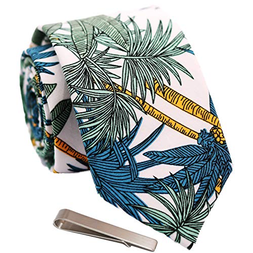 Image of Men's Skinny Tie Floral Cotton Necktie and Tie Bar Clip Sets, Great for Weddings,Groom,Groomsmen