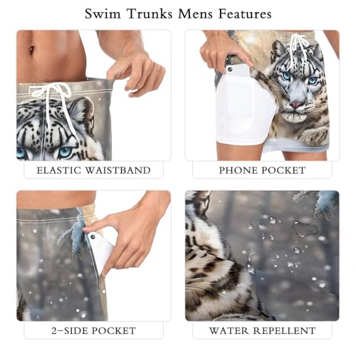 Men's Swim Trunks Snow Lepoard Forest, Quick Dry Beach Board Shorts with Liner, Swimwear Bathing Suits S3