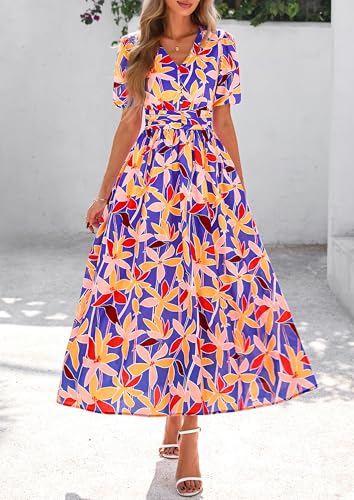 Image of PRETTYGARDEN Womes Boho Maxi Dresses 2026 Summer Spring V Neck Puff Sleeve Empire Waist A Line Flowy Long Beach Floral Dress