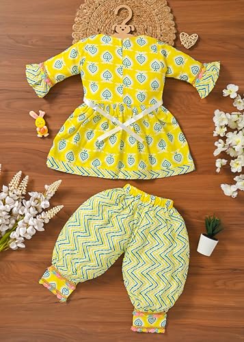 Image of Baby Girls Yellow Ethnic Clothing Set, Mirror Work Embroidered Frock with Zigzag Print Pants, Comfortable Cotton Outfit for Kids